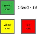 Posters indicating the `red zone`, `yellow zone` and `green zone`